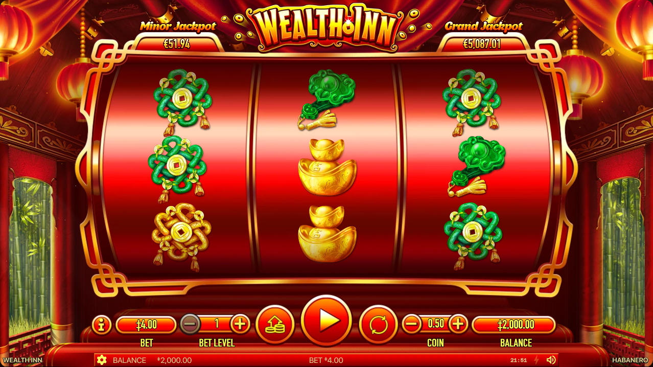 Wealth Inn controls in our official demo capture Wealth Inn demo interface with information, total bet, spin and balance controls marked for explanation