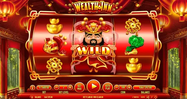 Wealth Inn Small reels. A full-reel Wild. Provider screenshot: Cai Shen fills the centre reel. This is Habanero imagery, not a result recorded by this guide.