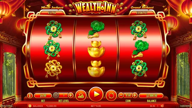 Wealth Inn by Habanero, our official-demo interface capture Actual Wealth Inn demo interface: three reels, knot and ingot symbols, total bet, spin control and balance