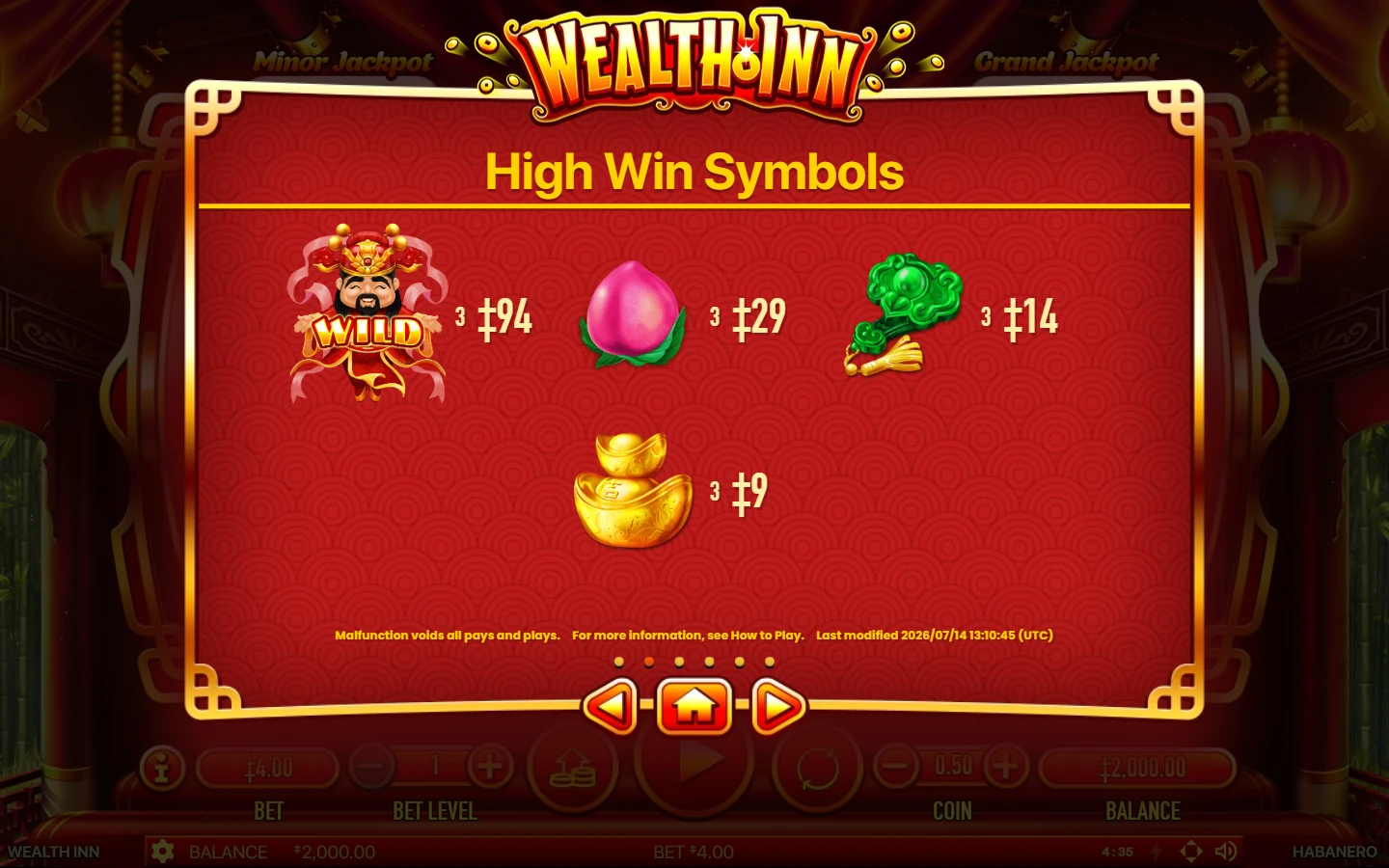 Official demo rules: High Win Symbols Wealth Inn High Win Symbols paytable at a 0.50 coin value and 4.00 total demo stake