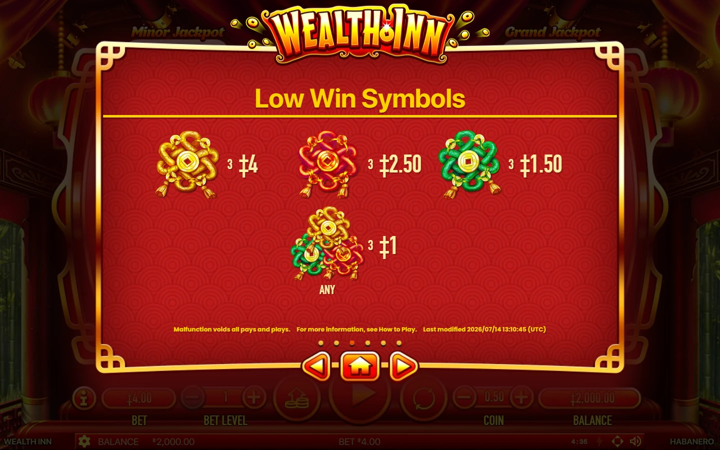 Official demo rules: Low Win Symbols Wealth Inn Low Win Symbols paytable at a 0.50 coin value and 4.00 total demo stake