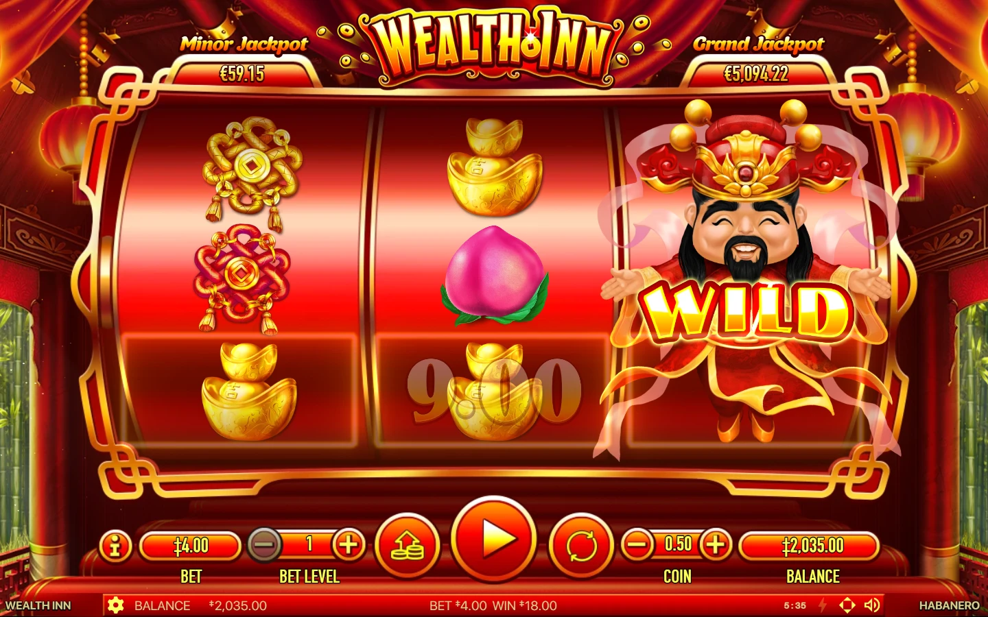 Actual Wealth Inn demo round 441, showing one line within the full payout Recorded Wealth Inn round 441: expanded Wild on the right reel, a 9.00-credit line highlight and a complete 18.00-credit win in the footer