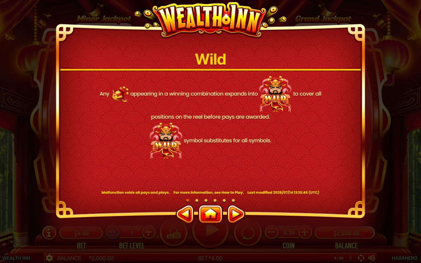 Wealth Inn expanding Wild rules captured in the official demo Official Wealth Inn demo Wild rules showing a small symbol expanding to cover a reel when it participates in a winning combination